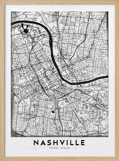 A modern, minimalist black and white street map of Nashville, Tennessee. The map details the city grid and the winding path of the Cumberland River. It is presented within a thick black frame, with the city's name 'NASHVILLE' printed in bold, black, capital letters at the bottom. Poster