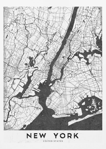 A minimalist black and white map of New York City. The land is depicted in white with a network of black lines for streets, while the rivers and bay are solid black. The artwork is enclosed in a thin black frame, and at the bottom, a white border contains the text 'NEW YORK' in a bold, black, sans-serif font. Wall Art
