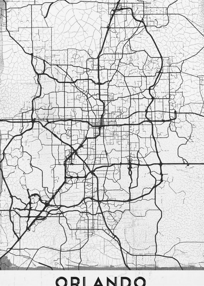A minimalist black and white street map of Orlando, Florida, displayed in a black frame. The map consists of black lines representing the city's road network on a distressed, crackled white background. At the bottom, the word 'ORLANDO' is printed in a bold, black, sans-serif font on a white banner. Poster