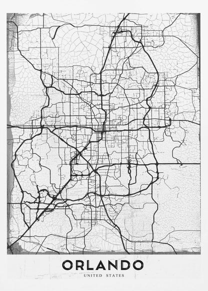A minimalist black and white street map of Orlando, Florida, displayed in a black frame. The map consists of black lines representing the city's road network on a distressed, crackled white background. At the bottom, the word 'ORLANDO' is printed in a bold, black, sans-serif font on a white banner. Poster
