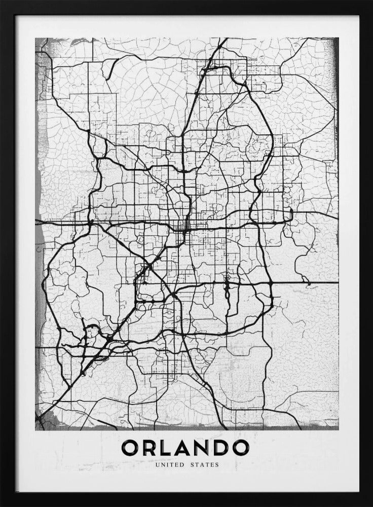 A minimalist black and white street map of Orlando, Florida, displayed in a black frame. The map consists of black lines representing the city's road network on a distressed, crackled white background. At the bottom, the word 'ORLANDO' is printed in a bold, black, sans-serif font on a white banner. Poster