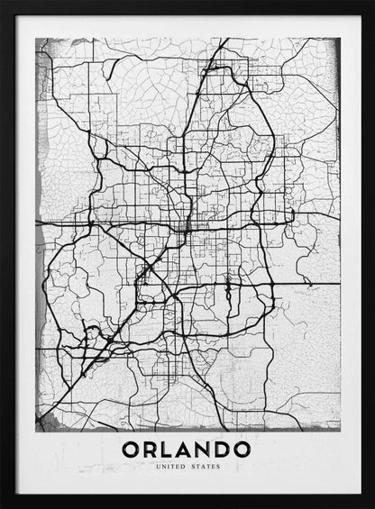 A minimalist black and white street map of Orlando, Florida, displayed in a black frame. The map consists of black lines representing the city's road network on a distressed, crackled white background. At the bottom, the word 'ORLANDO' is printed in a bold, black, sans-serif font on a white banner. Poster