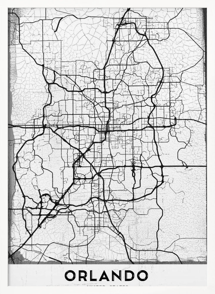 A minimalist black and white street map of Orlando, Florida, displayed in a black frame. The map consists of black lines representing the city's road network on a distressed, crackled white background. At the bottom, the word 'ORLANDO' is printed in a bold, black, sans-serif font on a white banner. Poster