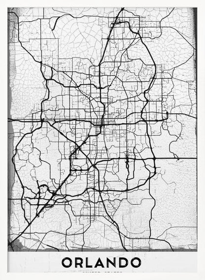 A minimalist black and white street map of Orlando, Florida, displayed in a black frame. The map consists of black lines representing the city's road network on a distressed, crackled white background. At the bottom, the word 'ORLANDO' is printed in a bold, black, sans-serif font on a white banner. Poster