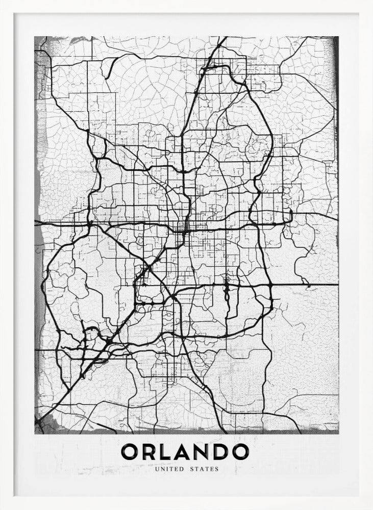 A minimalist black and white street map of Orlando, Florida, displayed in a black frame. The map consists of black lines representing the city's road network on a distressed, crackled white background. At the bottom, the word 'ORLANDO' is printed in a bold, black, sans-serif font on a white banner. Poster