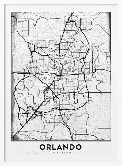 A minimalist black and white street map of Orlando, Florida, displayed in a black frame. The map consists of black lines representing the city's road network on a distressed, crackled white background. At the bottom, the word 'ORLANDO' is printed in a bold, black, sans-serif font on a white banner. Poster