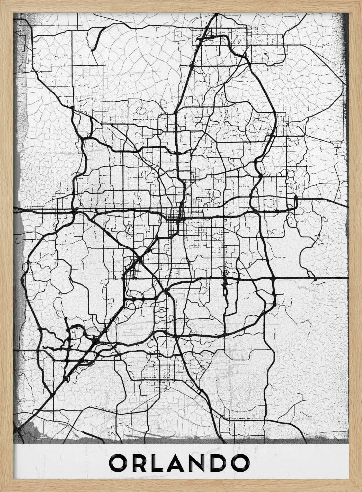 A minimalist black and white street map of Orlando, Florida, displayed in a black frame. The map consists of black lines representing the city's road network on a distressed, crackled white background. At the bottom, the word 'ORLANDO' is printed in a bold, black, sans-serif font on a white banner. Poster