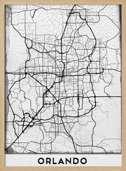 A minimalist black and white street map of Orlando, Florida, displayed in a black frame. The map consists of black lines representing the city's road network on a distressed, crackled white background. At the bottom, the word 'ORLANDO' is printed in a bold, black, sans-serif font on a white banner. Poster