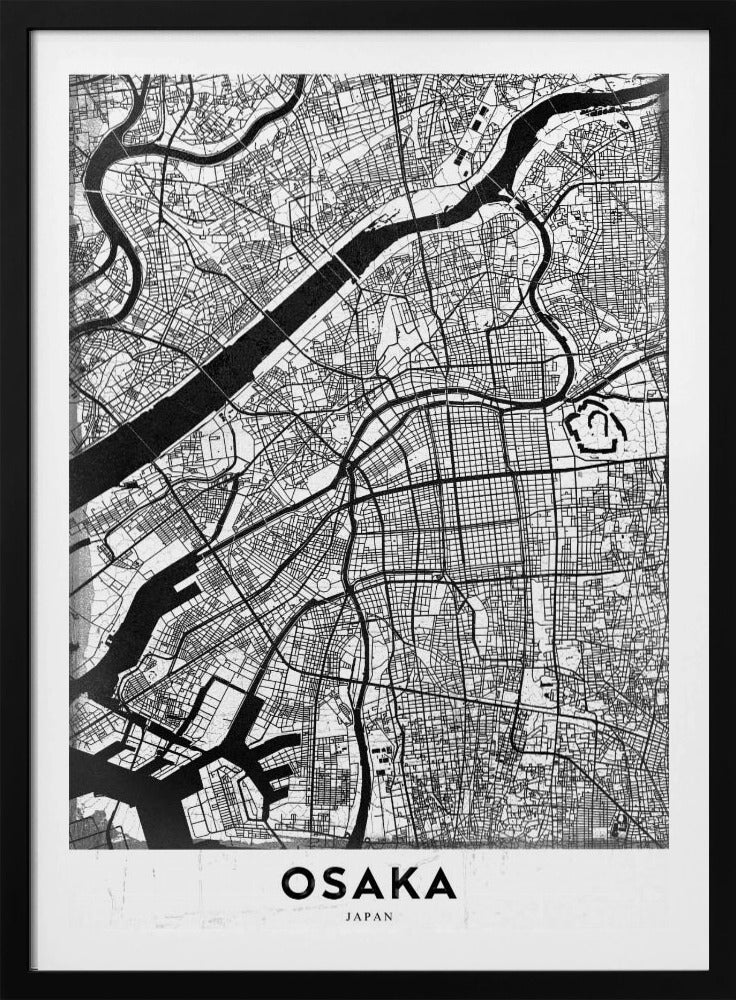 A framed black and white map of Osaka, Japan. The map details the city's streets, blocks, and rivers in a modern, graphic style. At the bottom, a white border contains the word 'OSAKA' in a bold, black, sans-serif font. Print