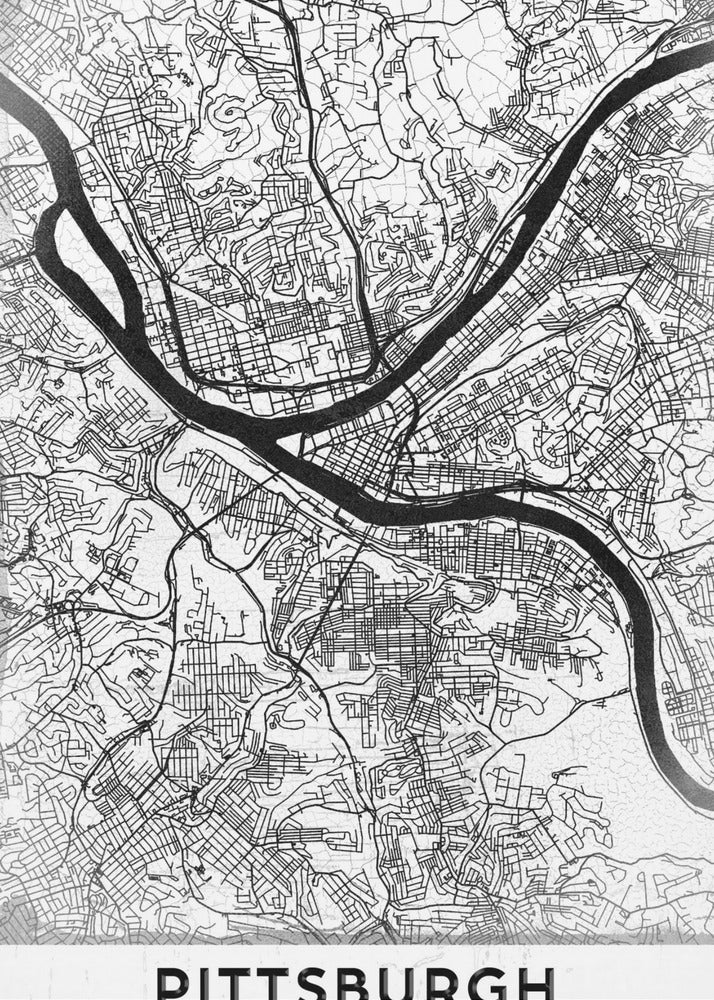 A minimalist black and white map of Pittsburgh, Pennsylvania, in a black frame. The map details the city's streets and the confluence of the Allegheny, Monongahela, and Ohio rivers. The word 'PITTSBURGH' is printed in a bold, sans-serif font at the bottom. Decor