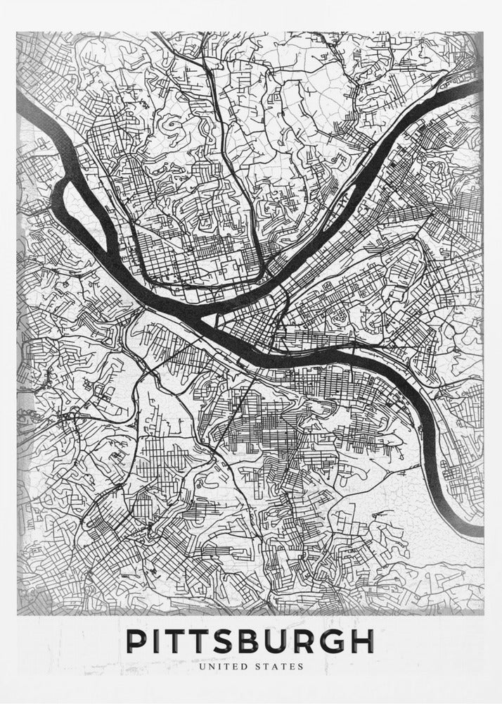 A minimalist black and white map of Pittsburgh, Pennsylvania, in a black frame. The map details the city's streets and the confluence of the Allegheny, Monongahela, and Ohio rivers. The word 'PITTSBURGH' is printed in a bold, sans-serif font at the bottom. Decor