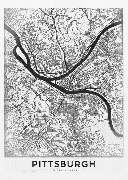 A minimalist black and white map of Pittsburgh, Pennsylvania, in a black frame. The map details the city's streets and the confluence of the Allegheny, Monongahela, and Ohio rivers. The word 'PITTSBURGH' is printed in a bold, sans-serif font at the bottom. Decor