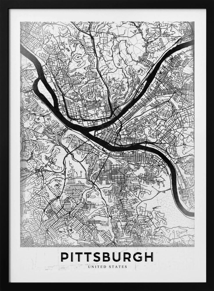 A minimalist black and white map of Pittsburgh, Pennsylvania, in a black frame. The map details the city's streets and the confluence of the Allegheny, Monongahela, and Ohio rivers. The word 'PITTSBURGH' is printed in a bold, sans-serif font at the bottom. Decor
