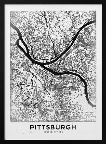 A minimalist black and white map of Pittsburgh, Pennsylvania, in a black frame. The map details the city's streets and the confluence of the Allegheny, Monongahela, and Ohio rivers. The word 'PITTSBURGH' is printed in a bold, sans-serif font at the bottom. Decor