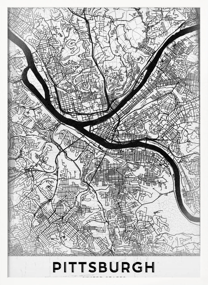 A minimalist black and white map of Pittsburgh, Pennsylvania, in a black frame. The map details the city's streets and the confluence of the Allegheny, Monongahela, and Ohio rivers. The word 'PITTSBURGH' is printed in a bold, sans-serif font at the bottom. Decor