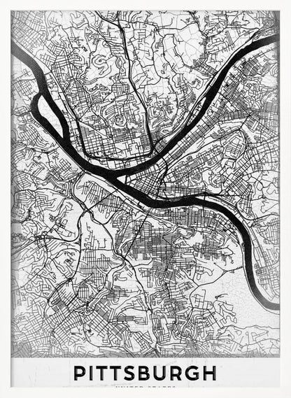 A minimalist black and white map of Pittsburgh, Pennsylvania, in a black frame. The map details the city's streets and the confluence of the Allegheny, Monongahela, and Ohio rivers. The word 'PITTSBURGH' is printed in a bold, sans-serif font at the bottom. Decor