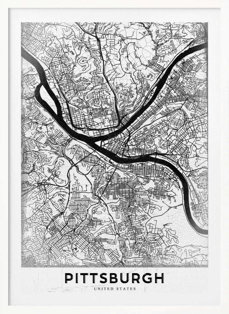 A minimalist black and white map of Pittsburgh, Pennsylvania, in a black frame. The map details the city's streets and the confluence of the Allegheny, Monongahela, and Ohio rivers. The word 'PITTSBURGH' is printed in a bold, sans-serif font at the bottom. Decor
