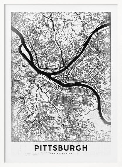 A minimalist black and white map of Pittsburgh, Pennsylvania, in a black frame. The map details the city's streets and the confluence of the Allegheny, Monongahela, and Ohio rivers. The word 'PITTSBURGH' is printed in a bold, sans-serif font at the bottom. Decor