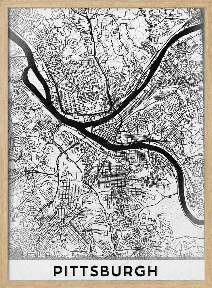 A minimalist black and white map of Pittsburgh, Pennsylvania, in a black frame. The map details the city's streets and the confluence of the Allegheny, Monongahela, and Ohio rivers. The word 'PITTSBURGH' is printed in a bold, sans-serif font at the bottom. Decor
