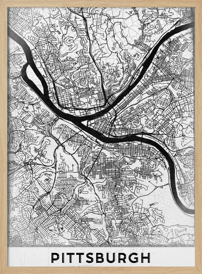 A minimalist black and white map of Pittsburgh, Pennsylvania, in a black frame. The map details the city's streets and the confluence of the Allegheny, Monongahela, and Ohio rivers. The word 'PITTSBURGH' is printed in a bold, sans-serif font at the bottom. Decor