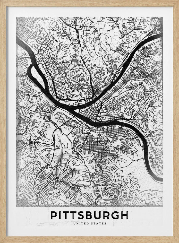 A minimalist black and white map of Pittsburgh, Pennsylvania, in a black frame. The map details the city's streets and the confluence of the Allegheny, Monongahela, and Ohio rivers. The word 'PITTSBURGH' is printed in a bold, sans-serif font at the bottom. Decor