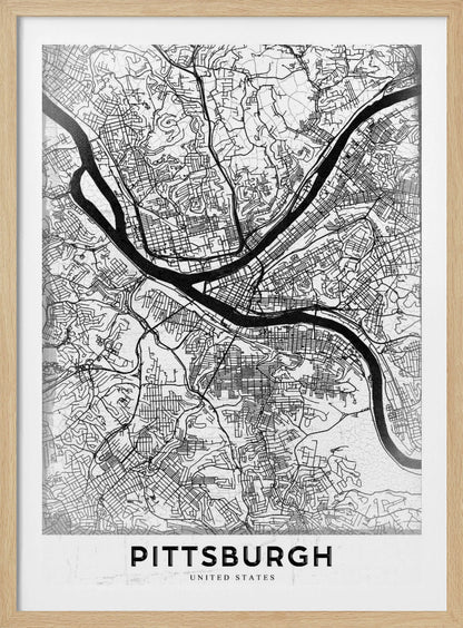 A minimalist black and white map of Pittsburgh, Pennsylvania, in a black frame. The map details the city's streets and the confluence of the Allegheny, Monongahela, and Ohio rivers. The word 'PITTSBURGH' is printed in a bold, sans-serif font at the bottom. Decor