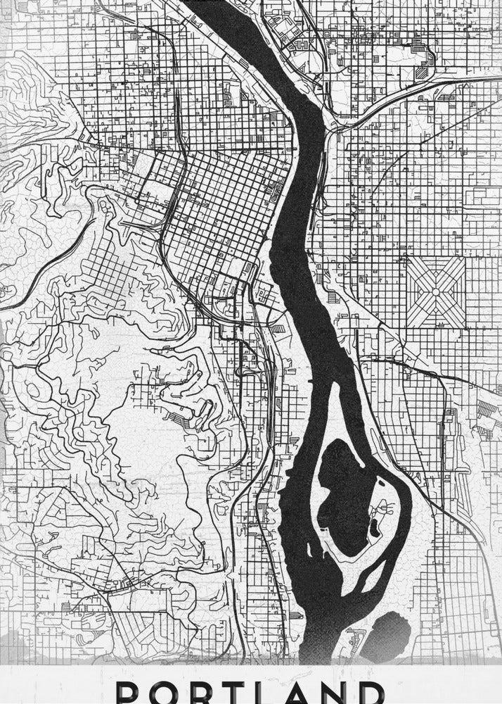 A framed, black and white street map of Portland, Oregon. The map is stylized with black lines for streets on a textured white background, and the Willamette River is depicted in solid black. The word 'PORTLAND' is written in a bold, black, sans-serif font at the bottom. Decor