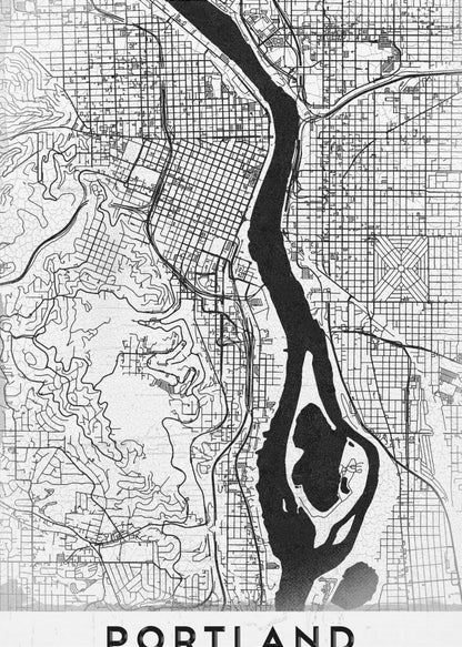A framed, black and white street map of Portland, Oregon. The map is stylized with black lines for streets on a textured white background, and the Willamette River is depicted in solid black. The word 'PORTLAND' is written in a bold, black, sans-serif font at the bottom. Decor