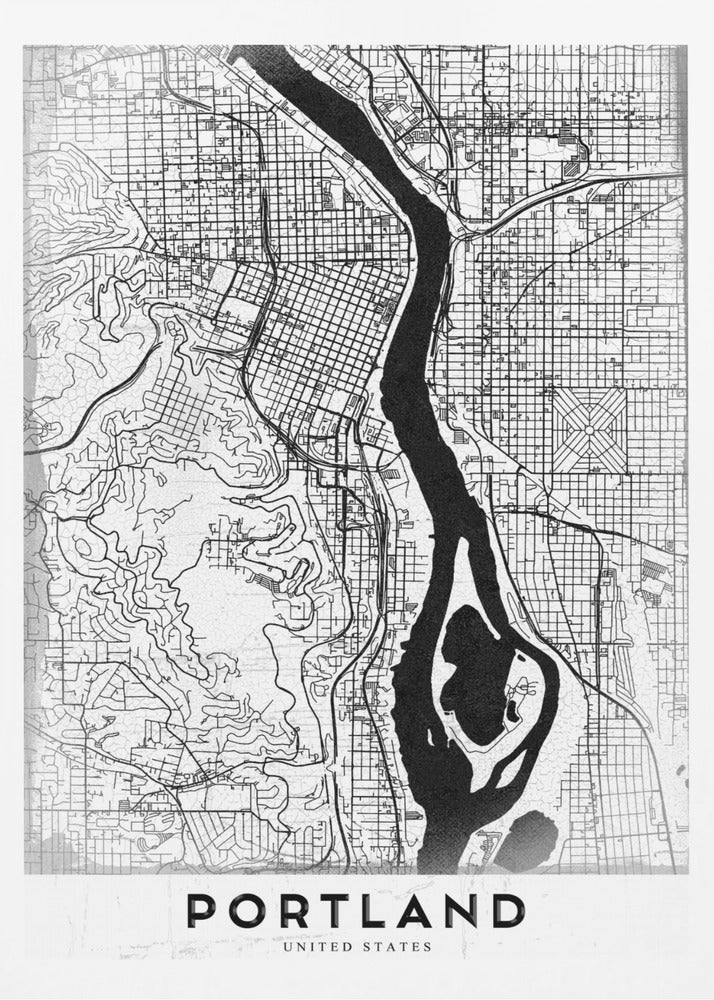 A framed, black and white street map of Portland, Oregon. The map is stylized with black lines for streets on a textured white background, and the Willamette River is depicted in solid black. The word 'PORTLAND' is written in a bold, black, sans-serif font at the bottom. Decor