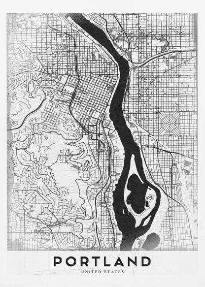 A framed, black and white street map of Portland, Oregon. The map is stylized with black lines for streets on a textured white background, and the Willamette River is depicted in solid black. The word 'PORTLAND' is written in a bold, black, sans-serif font at the bottom. Decor
