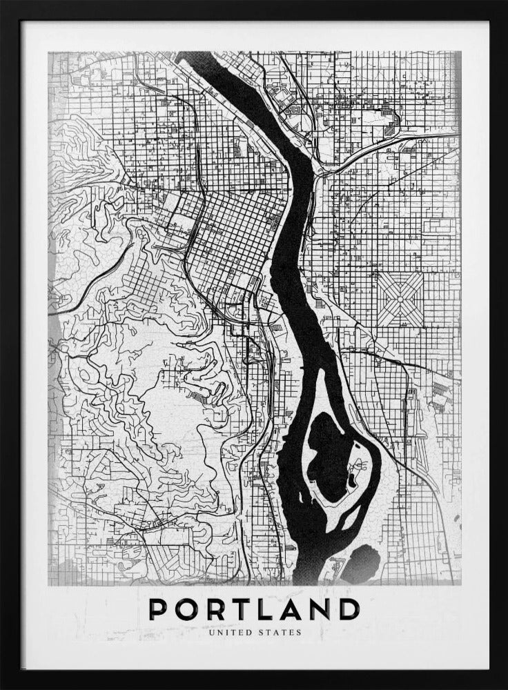 A framed, black and white street map of Portland, Oregon. The map is stylized with black lines for streets on a textured white background, and the Willamette River is depicted in solid black. The word 'PORTLAND' is written in a bold, black, sans-serif font at the bottom. Decor