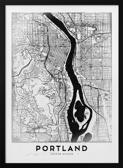 A framed, black and white street map of Portland, Oregon. The map is stylized with black lines for streets on a textured white background, and the Willamette River is depicted in solid black. The word 'PORTLAND' is written in a bold, black, sans-serif font at the bottom. Decor