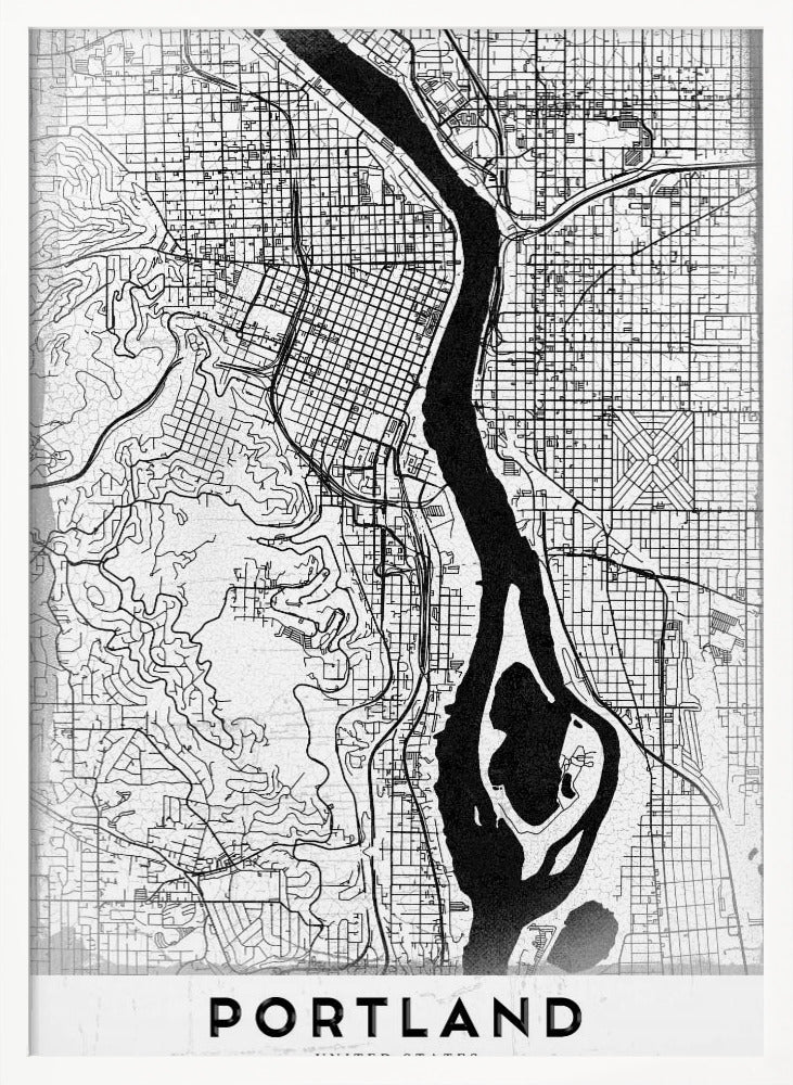 A framed, black and white street map of Portland, Oregon. The map is stylized with black lines for streets on a textured white background, and the Willamette River is depicted in solid black. The word 'PORTLAND' is written in a bold, black, sans-serif font at the bottom. Decor