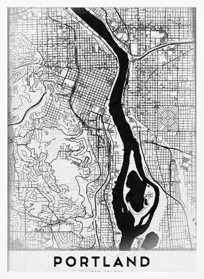 A framed, black and white street map of Portland, Oregon. The map is stylized with black lines for streets on a textured white background, and the Willamette River is depicted in solid black. The word 'PORTLAND' is written in a bold, black, sans-serif font at the bottom. Decor
