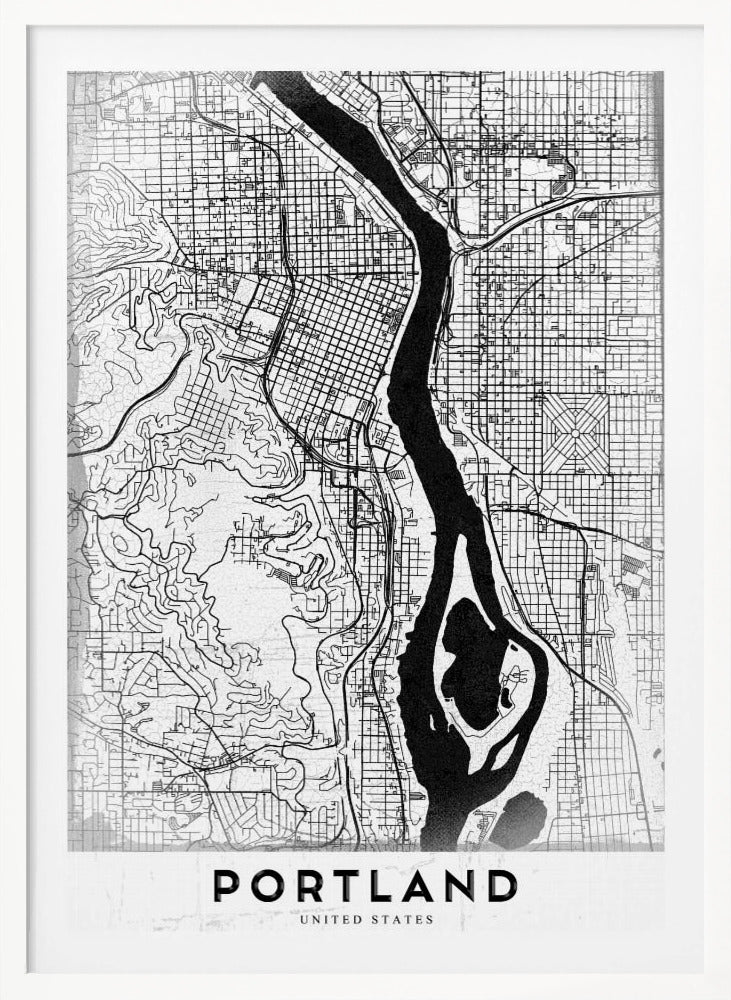 A framed, black and white street map of Portland, Oregon. The map is stylized with black lines for streets on a textured white background, and the Willamette River is depicted in solid black. The word 'PORTLAND' is written in a bold, black, sans-serif font at the bottom. Decor