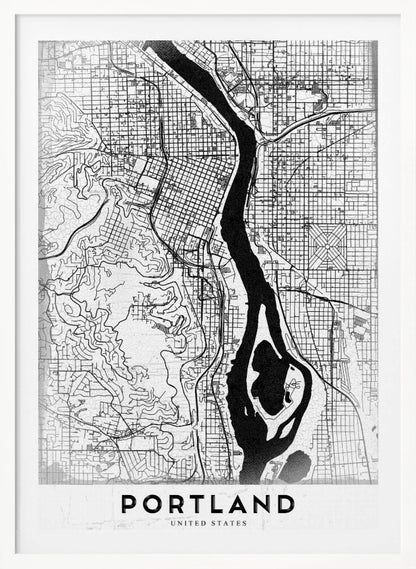 A framed, black and white street map of Portland, Oregon. The map is stylized with black lines for streets on a textured white background, and the Willamette River is depicted in solid black. The word 'PORTLAND' is written in a bold, black, sans-serif font at the bottom. Decor
