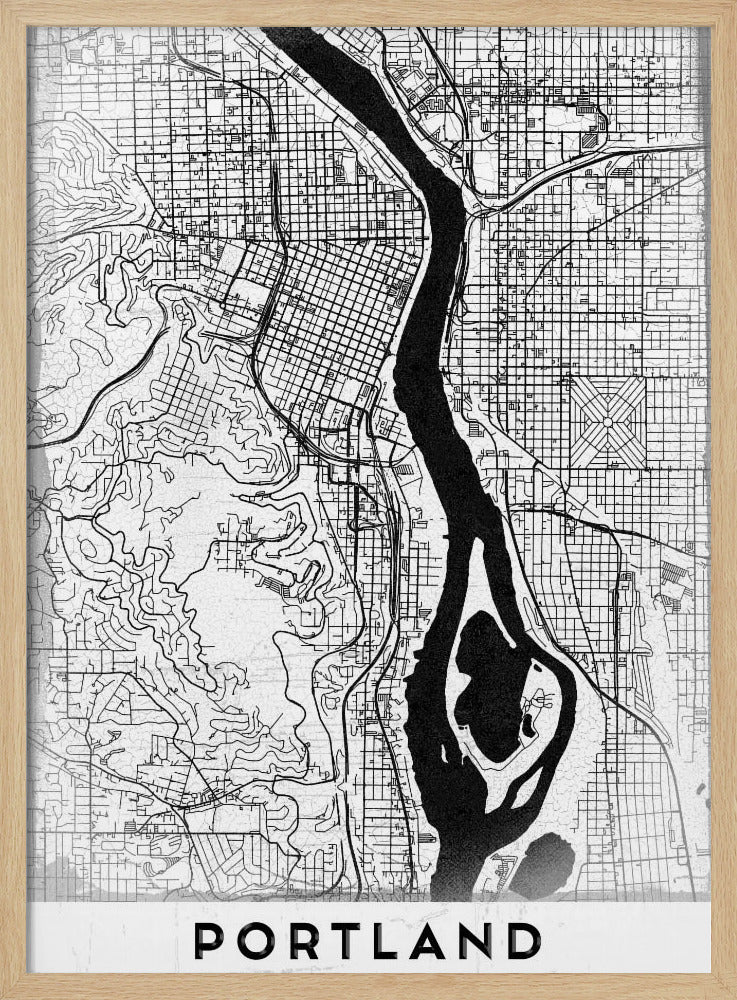 A framed, black and white street map of Portland, Oregon. The map is stylized with black lines for streets on a textured white background, and the Willamette River is depicted in solid black. The word 'PORTLAND' is written in a bold, black, sans-serif font at the bottom. Decor