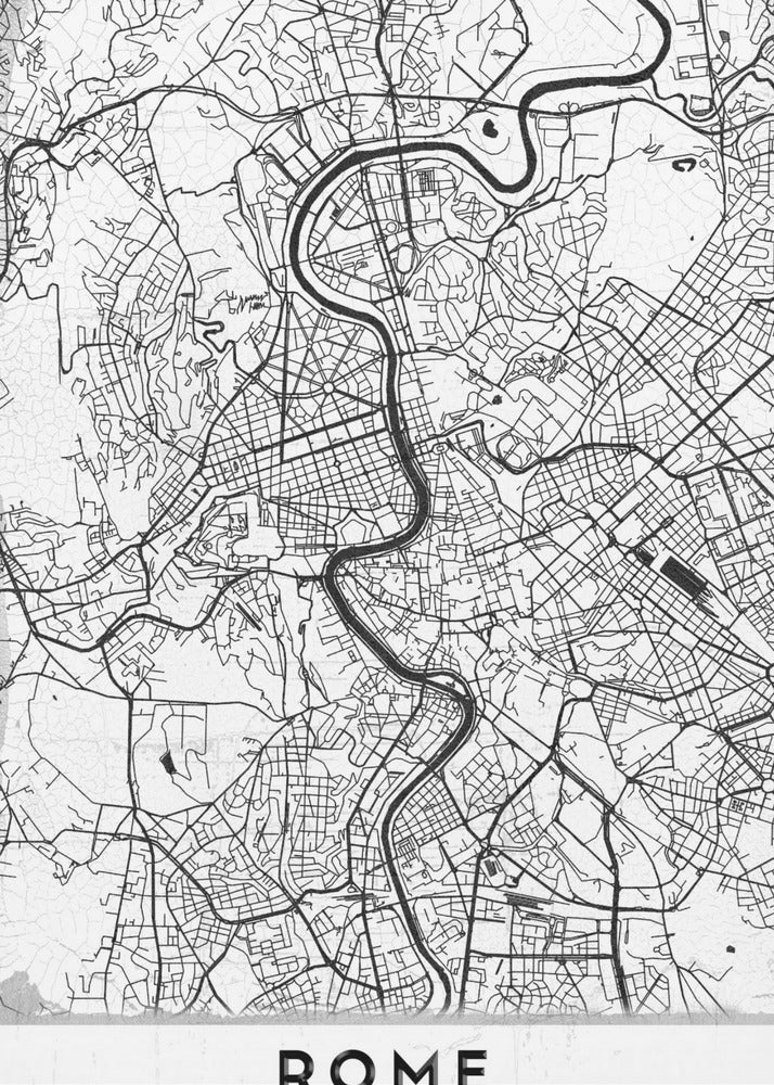 A minimalist black and white art print of a street map of Rome, Italy. The map shows the winding Tiber River flowing through the dense grid of city streets. The poster has a simple black frame and the word 'ROME' is printed in a bold, sans-serif font at the bottom. Print