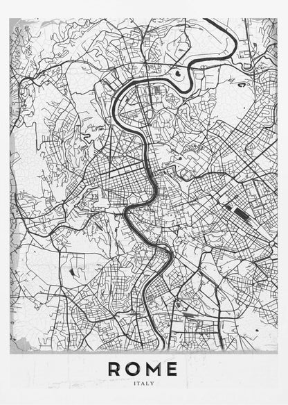 A minimalist black and white art print of a street map of Rome, Italy. The map shows the winding Tiber River flowing through the dense grid of city streets. The poster has a simple black frame and the word 'ROME' is printed in a bold, sans-serif font at the bottom. Print