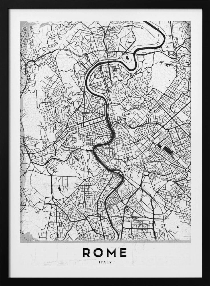 A minimalist black and white art print of a street map of Rome, Italy. The map shows the winding Tiber River flowing through the dense grid of city streets. The poster has a simple black frame and the word 'ROME' is printed in a bold, sans-serif font at the bottom. Print