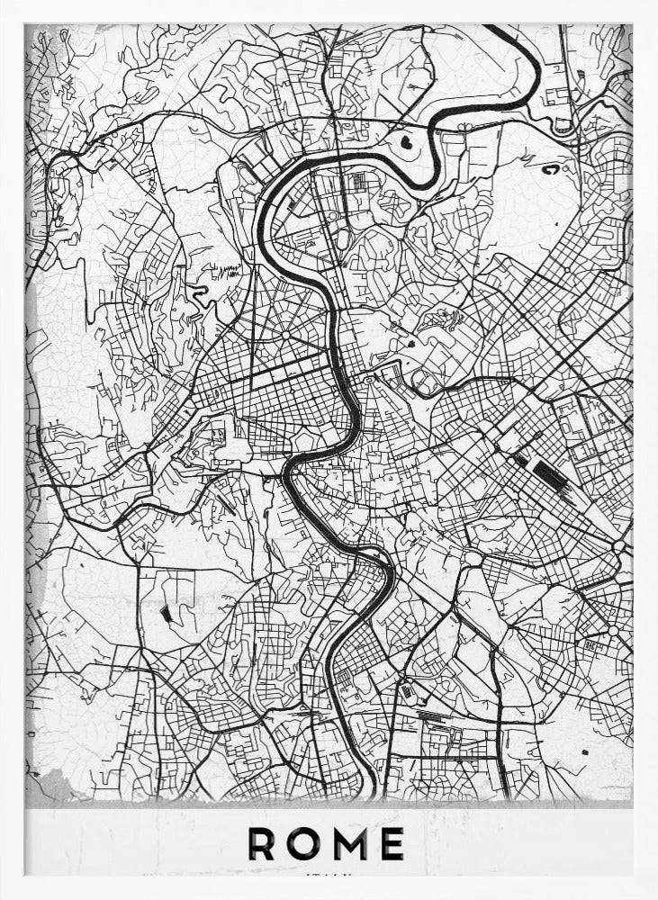 A minimalist black and white art print of a street map of Rome, Italy. The map shows the winding Tiber River flowing through the dense grid of city streets. The poster has a simple black frame and the word 'ROME' is printed in a bold, sans-serif font at the bottom. Print