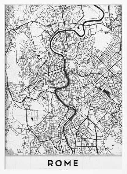 A minimalist black and white art print of a street map of Rome, Italy. The map shows the winding Tiber River flowing through the dense grid of city streets. The poster has a simple black frame and the word 'ROME' is printed in a bold, sans-serif font at the bottom. Print