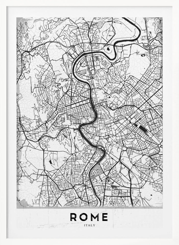 A minimalist black and white art print of a street map of Rome, Italy. The map shows the winding Tiber River flowing through the dense grid of city streets. The poster has a simple black frame and the word 'ROME' is printed in a bold, sans-serif font at the bottom. Print
