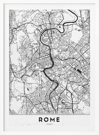 A minimalist black and white art print of a street map of Rome, Italy. The map shows the winding Tiber River flowing through the dense grid of city streets. The poster has a simple black frame and the word 'ROME' is printed in a bold, sans-serif font at the bottom. Print