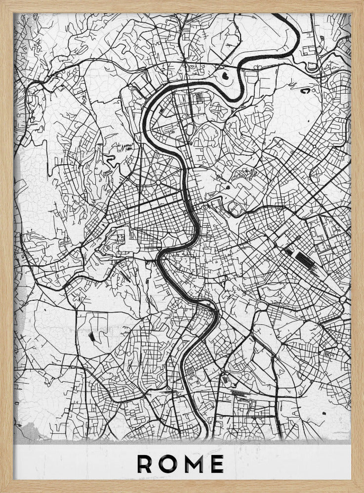 A minimalist black and white art print of a street map of Rome, Italy. The map shows the winding Tiber River flowing through the dense grid of city streets. The poster has a simple black frame and the word 'ROME' is printed in a bold, sans-serif font at the bottom. Print