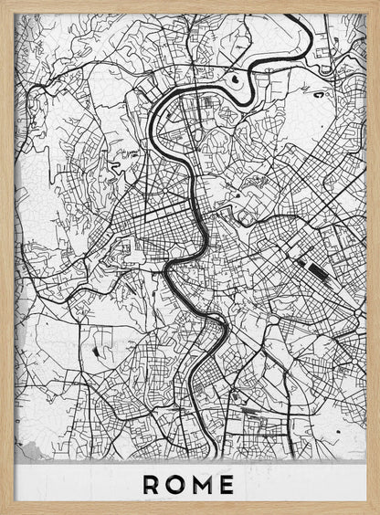 A minimalist black and white art print of a street map of Rome, Italy. The map shows the winding Tiber River flowing through the dense grid of city streets. The poster has a simple black frame and the word 'ROME' is printed in a bold, sans-serif font at the bottom. Print