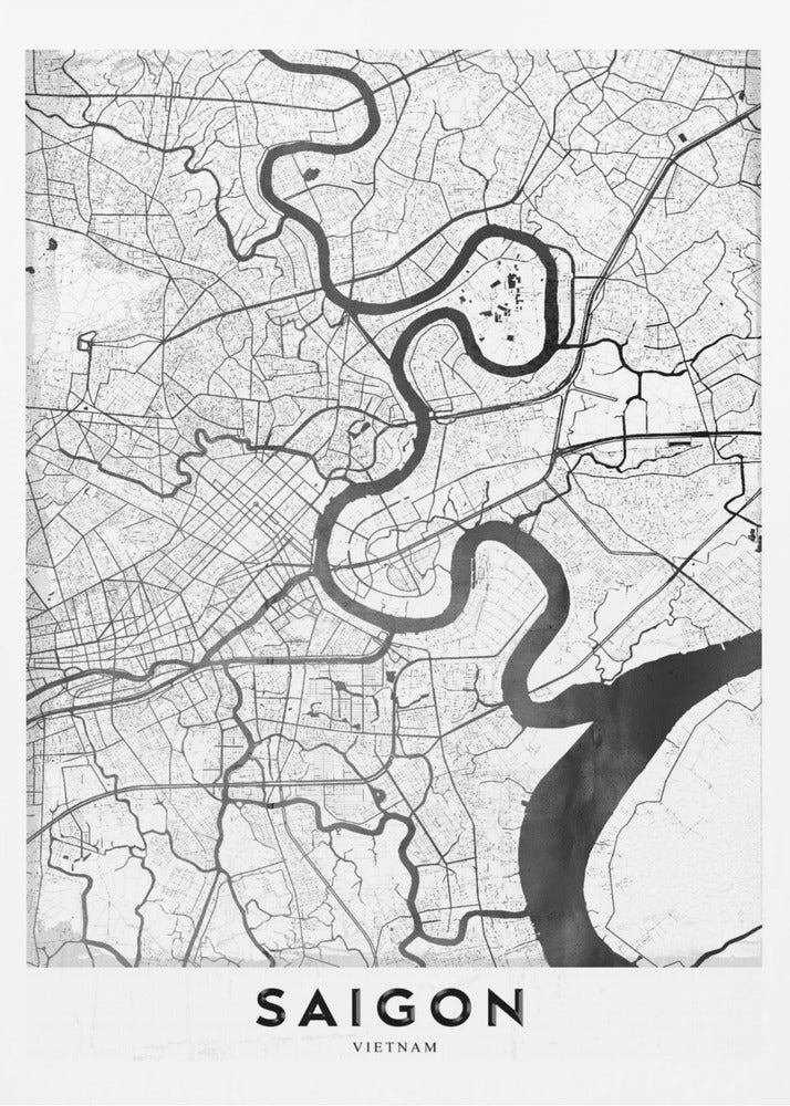 A minimalist black and white map poster of Saigon, Vietnam, displayed in a black frame. The map highlights the winding Saigon River in solid black against a white background with a complex grid of roads and smaller waterways in thin black lines. At the bottom, a white border contains the word 'SAIGON' in bold, black, capital letters. Wall Art