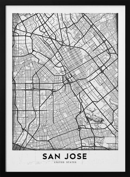 A minimalist black and white street map of San Jose, California, presented as a framed poster. The map details the city's grid, highways, and roads in black lines on a slightly textured white background. The text 'SAN JOSE' is written in a bold, black, sans-serif font at the bottom. Wall Art