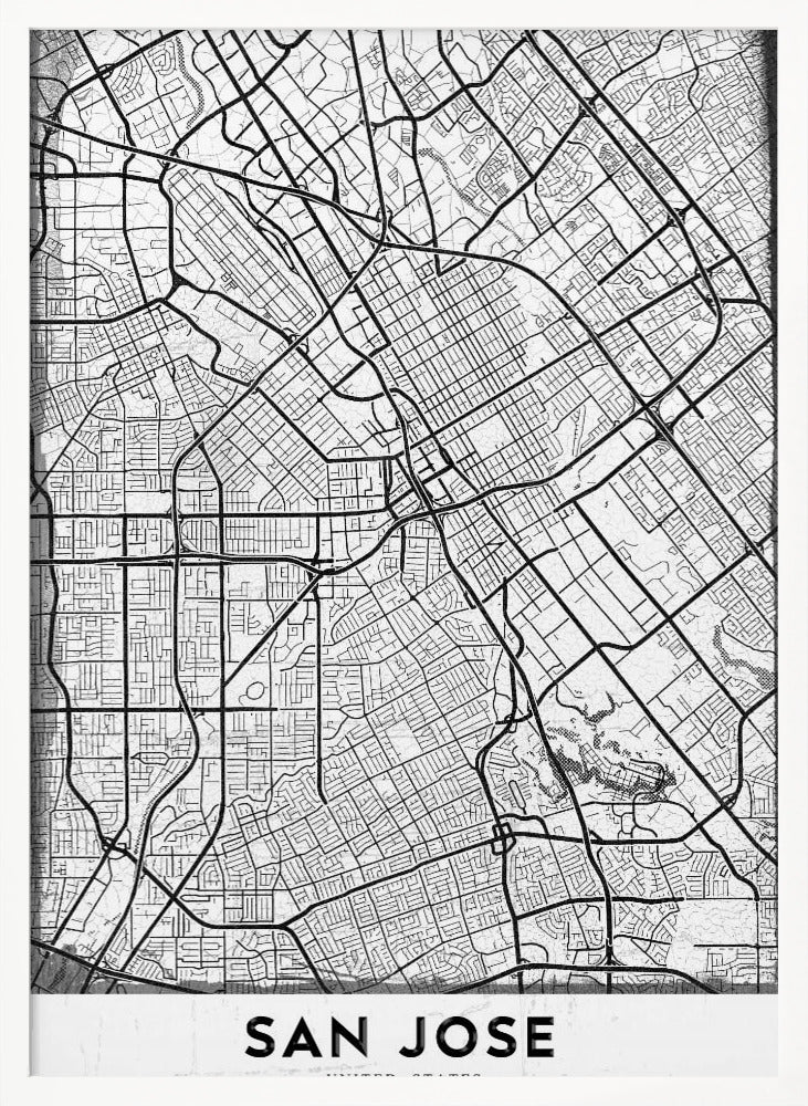 A minimalist black and white street map of San Jose, California, presented as a framed poster. The map details the city's grid, highways, and roads in black lines on a slightly textured white background. The text 'SAN JOSE' is written in a bold, black, sans-serif font at the bottom. Wall Art