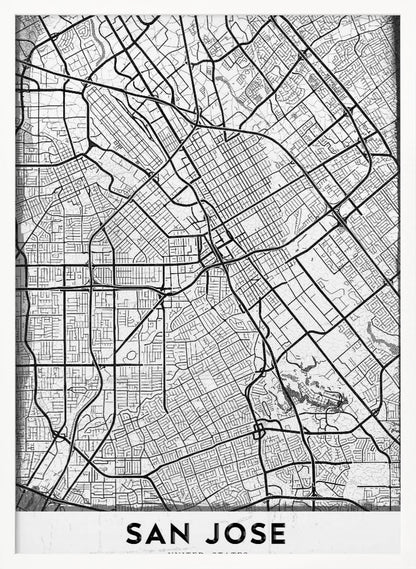 A minimalist black and white street map of San Jose, California, presented as a framed poster. The map details the city's grid, highways, and roads in black lines on a slightly textured white background. The text 'SAN JOSE' is written in a bold, black, sans-serif font at the bottom. Wall Art